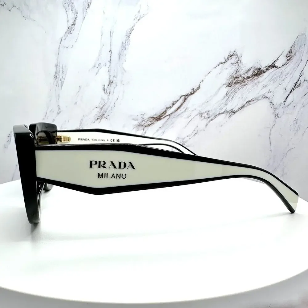 New PRADA Sunglasses Black White Talc Gold Symbole Oval Cat Eye Womens - Picture 8 of 16